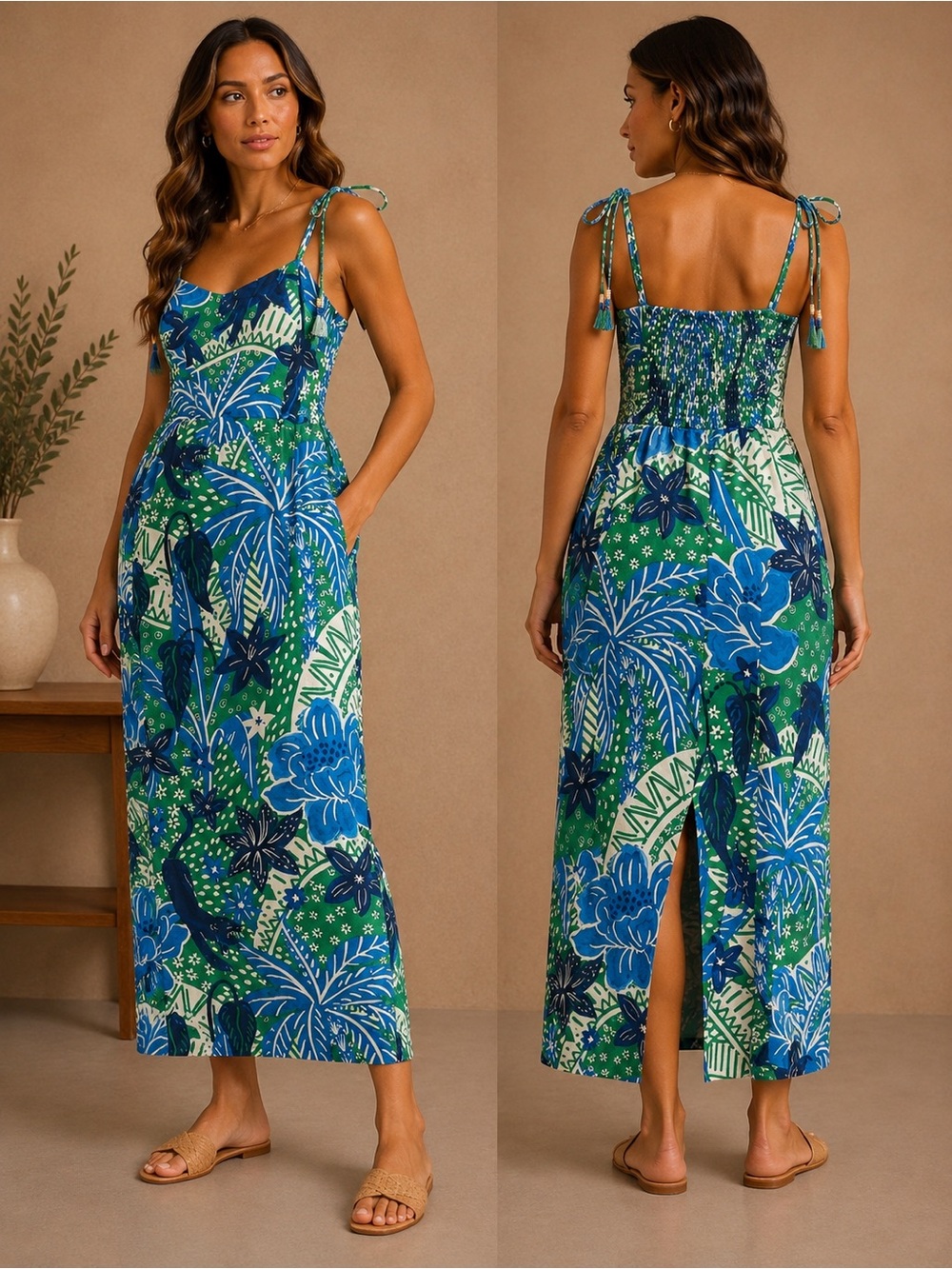 Rachel Zoe Green and Blue Tropical Print Maxi Dress